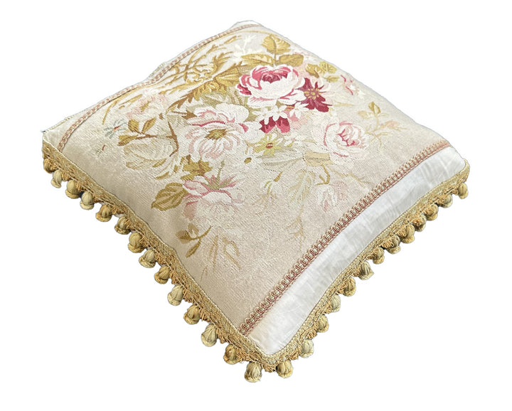 Handmade 17x19 Cream and Pink Floral Silk Wool Aubusson luxury pillow cover with gold tassels by Ariana Rugs West Hollywood
