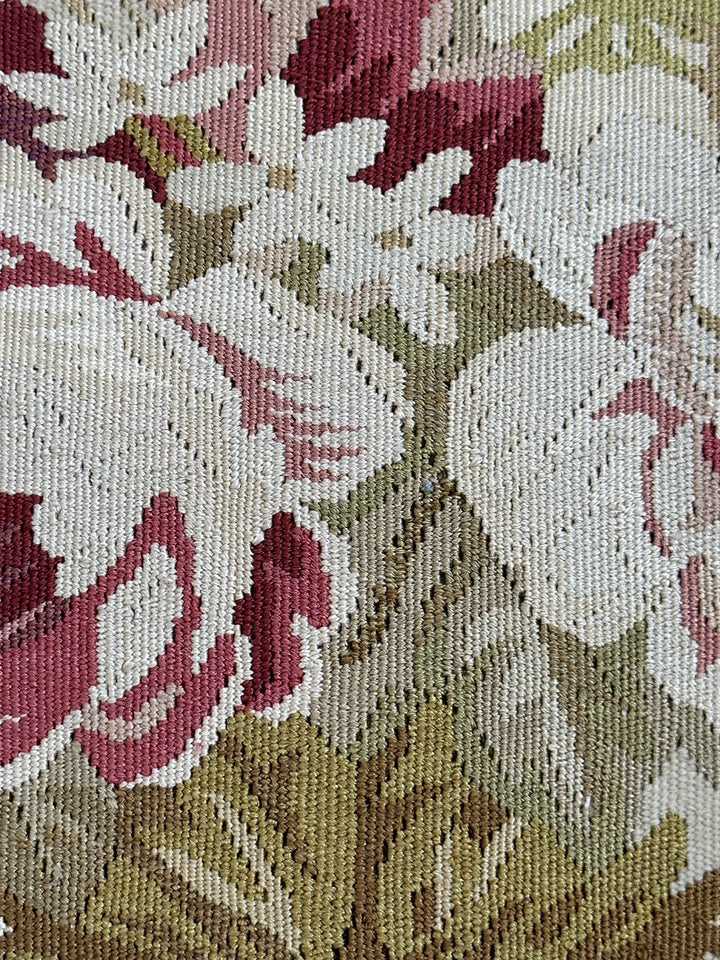 Handmade 17x19 Cream and Pink Floral Silk Wool Aubusson luxury pillow cover with gold tassels by Ariana Rugs West Hollywood