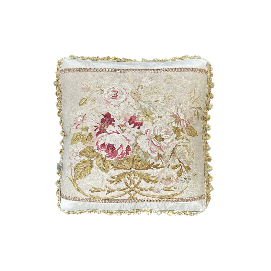 Handmade 17x19 Cream and Pink Floral Silk Wool Aubusson luxury pillow cover with gold tassels by Ariana Rugs West Hollywood
