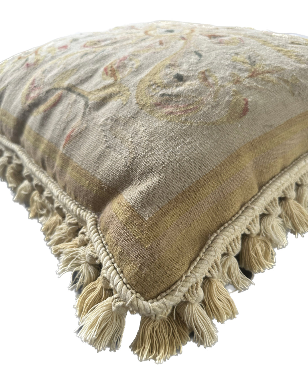 Handmade 2x2 Cream Beige Tan Floral Aubusson luxury wool pillow cover with tassels by Ariana Rugs West Hollywood