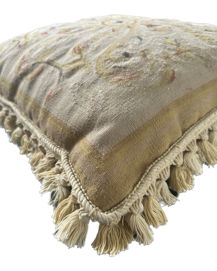 Handmade 2x2 Cream Beige Tan Floral Aubusson luxury wool pillow cover with tassels by Ariana Rugs West Hollywood