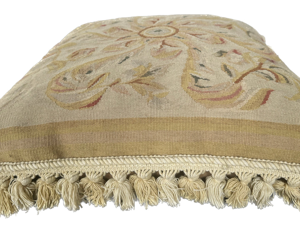 Handmade 2x2 Cream Beige Tan Floral Aubusson luxury wool pillow cover with tassels by Ariana Rugs West Hollywood