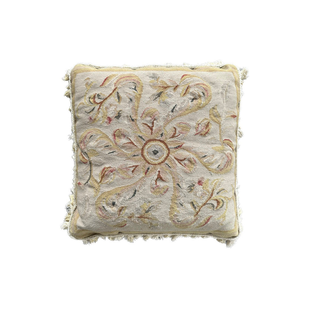 Handmade 2x2 Cream Beige Tan Floral Aubusson luxury wool pillow cover with tassels by Ariana Rugs West Hollywood