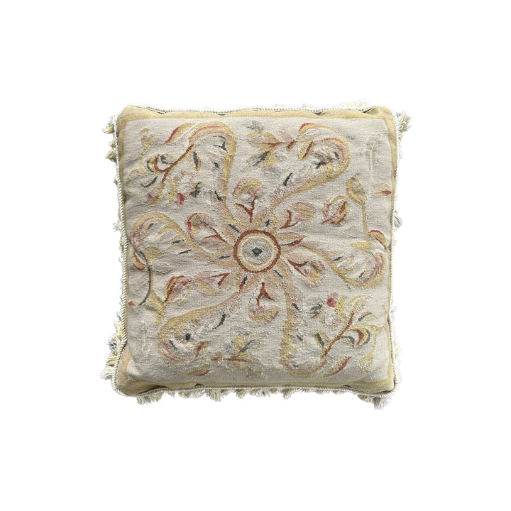 Handmade 2x2 Cream Beige Tan Floral Aubusson luxury wool pillow cover with tassels by Ariana Rugs West Hollywood