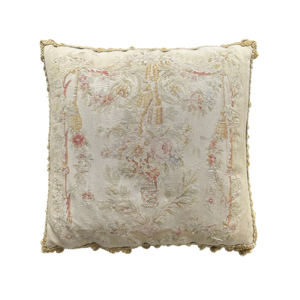 Handmade 2x2 Cream and Pink Floral Aubusson luxury wool pillow cover with gold tassels by Ariana Rugs West Hollywood
