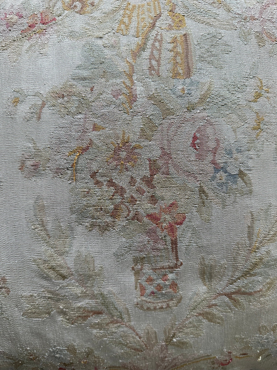 Handmade 2x2 Cream and Pink Floral Aubusson luxury wool pillow cover with gold tassels by Ariana Rugs West Hollywood