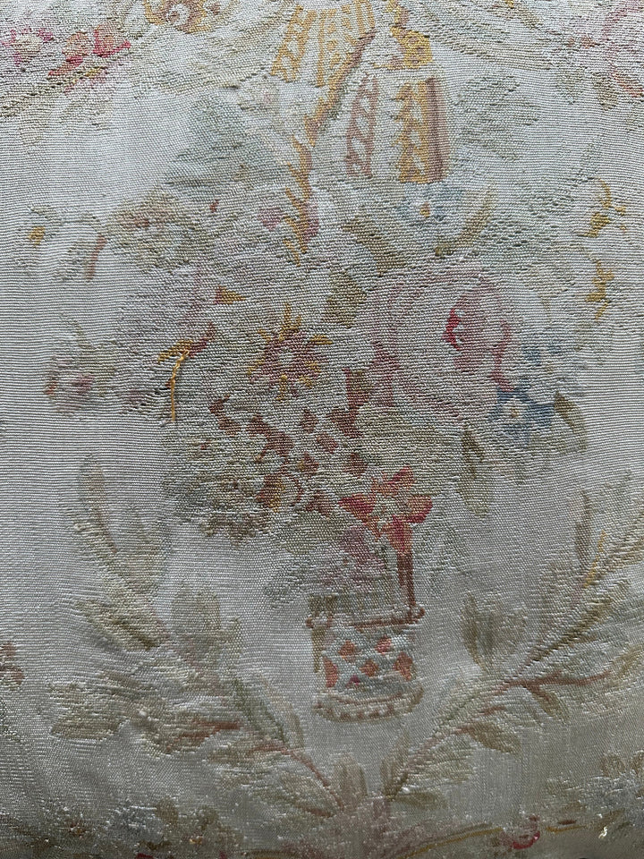Handmade 2x2 Cream and Pink Floral Aubusson luxury wool pillow cover with gold tassels by Ariana Rugs West Hollywood