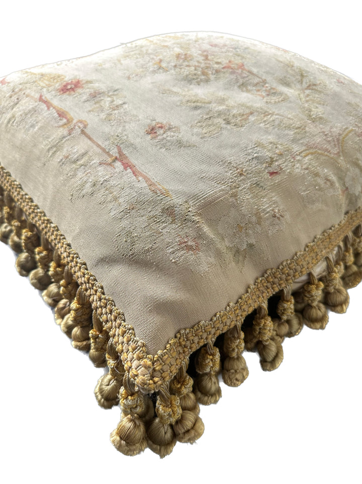 Handmade 2x2 Cream and Pink Floral Aubusson luxury wool pillow cover with gold tassels by Ariana Rugs West Hollywood