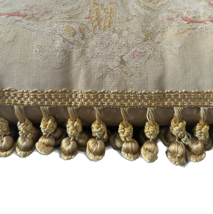 Handmade 2x2 Cream and Pink Floral Aubusson luxury wool pillow cover with gold tassels by Ariana Rugs West Hollywood