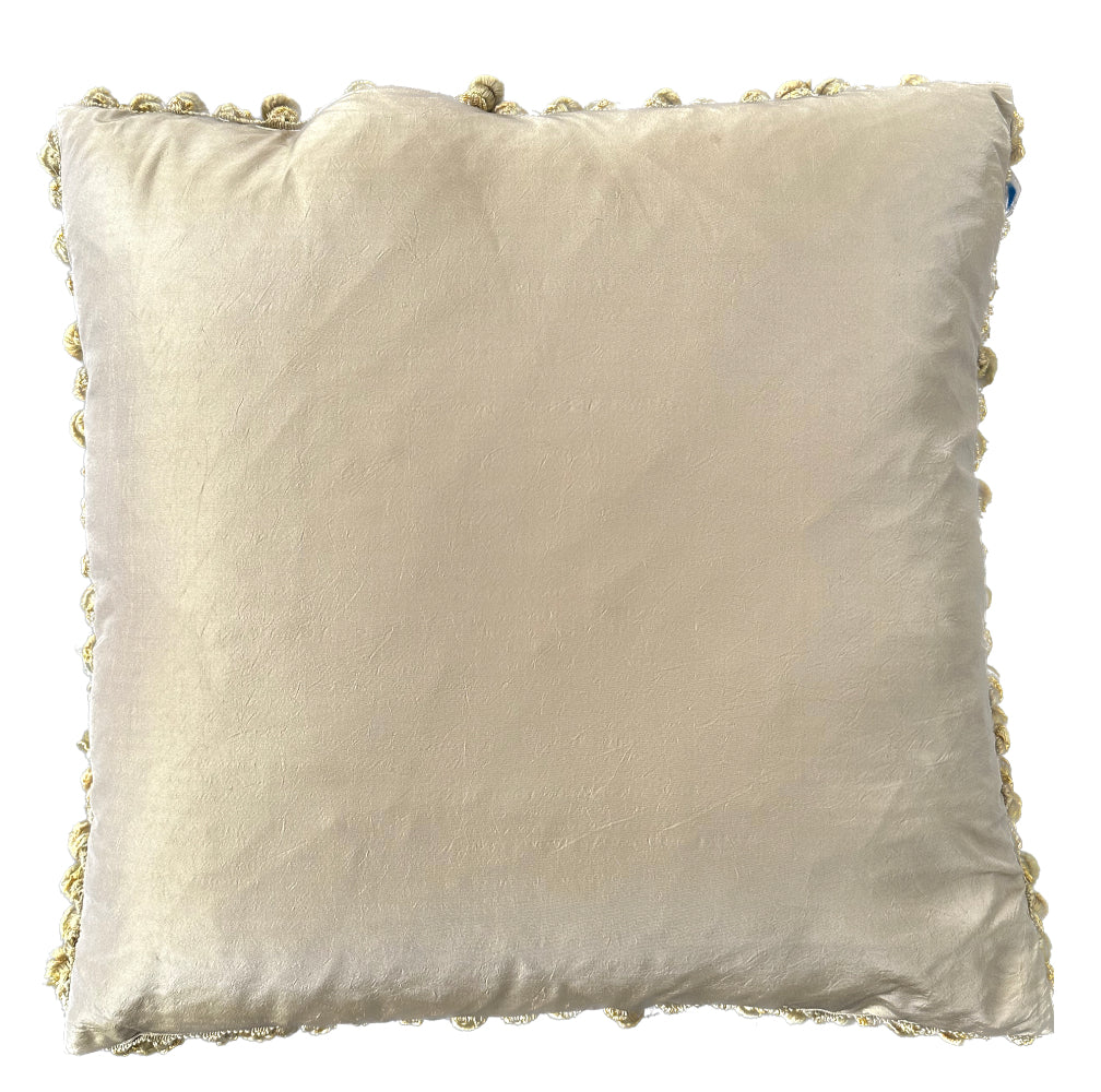Handmade 2x2 Cream and Pink Floral Aubusson luxury wool pillow cover with gold tassels by Ariana Rugs West Hollywood
