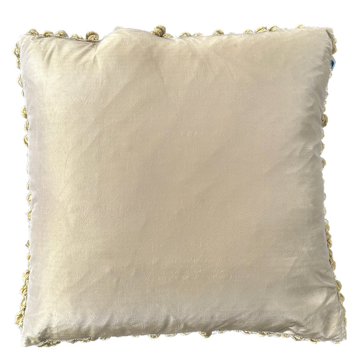 Handmade 2x2 Cream and Pink Floral Aubusson luxury wool pillow cover with gold tassels by Ariana Rugs West Hollywood