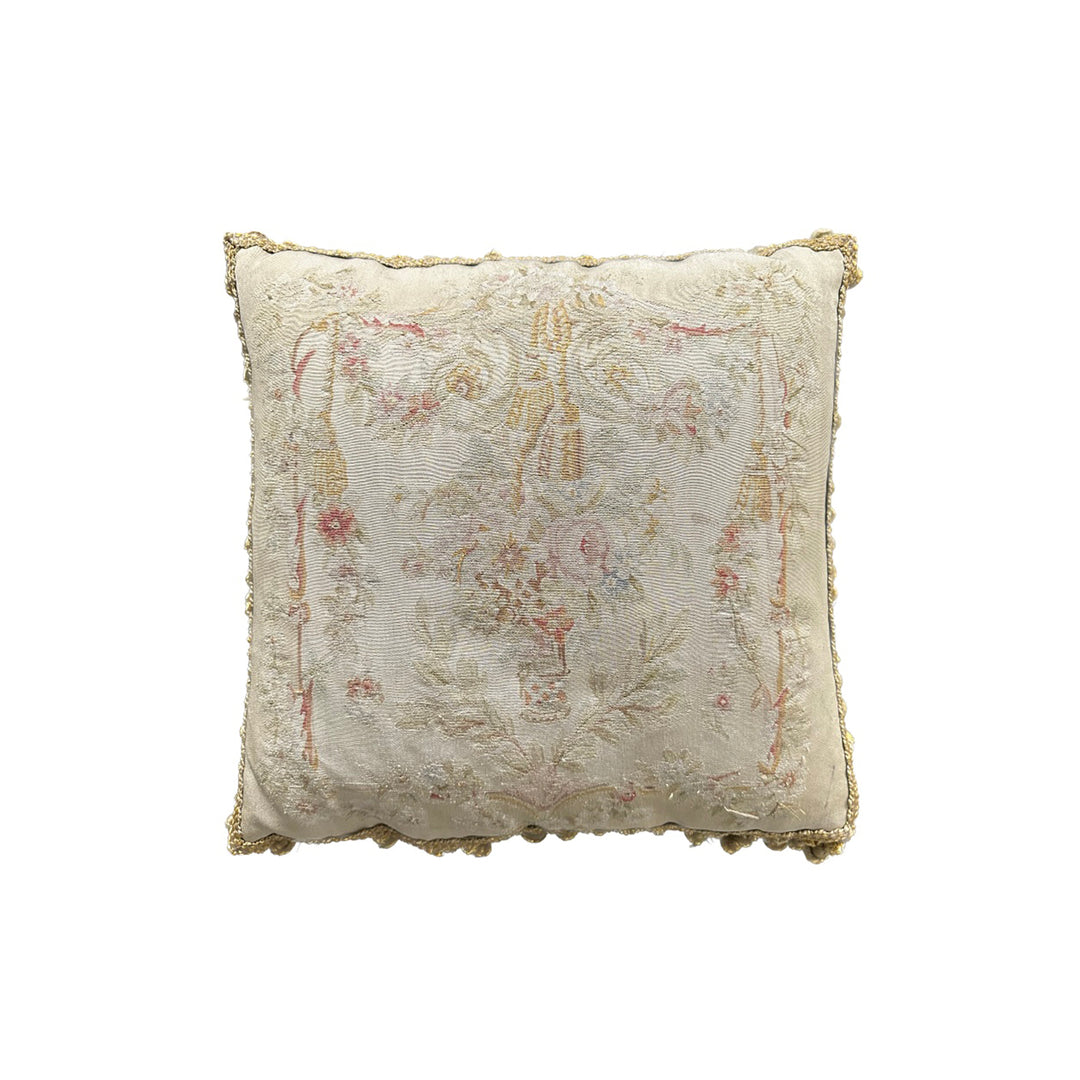 Handmade 2x2 Cream and Pink Floral Aubusson luxury wool pillow cover with gold tassels by Ariana Rugs West Hollywood