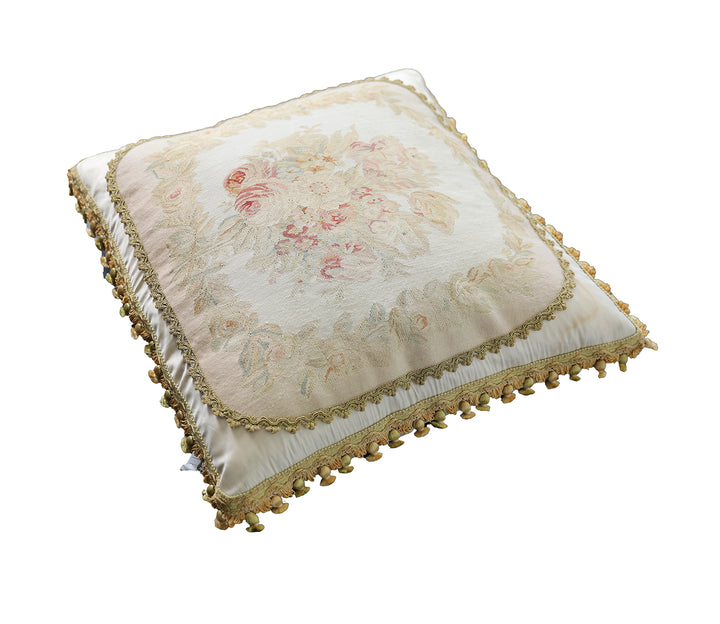 Handmade 2x2 Ivory and Gold Floral Silk Aubusson luxury pillow cover with embroidery by Ariana Rugs West Hollywood