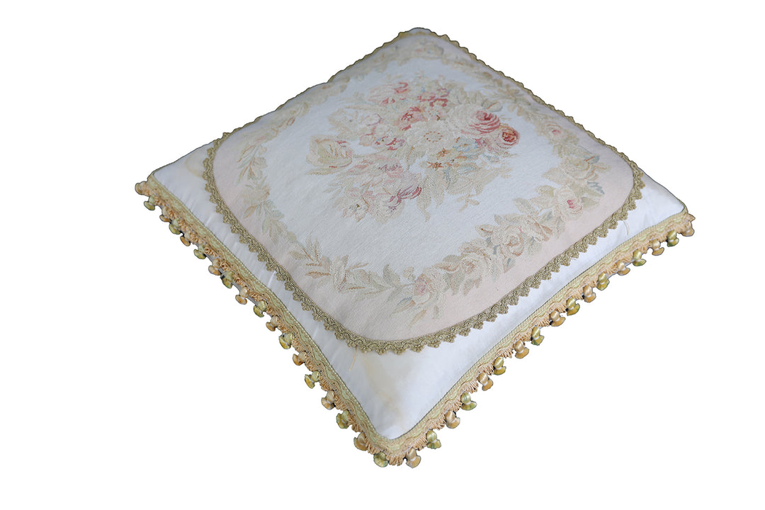 Handmade 2x2 Ivory and Gold Floral Silk Aubusson luxury pillow cover with embroidery by Ariana Rugs West Hollywood