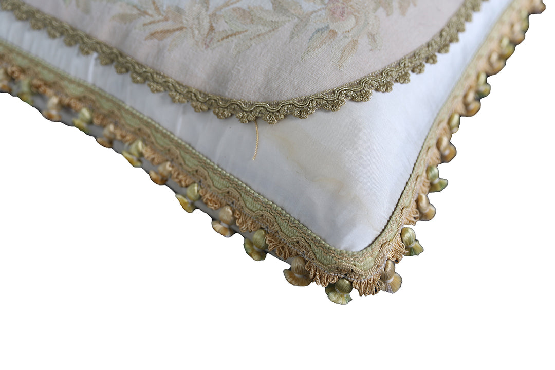 Handmade 2x2 Ivory and Gold Floral Silk Aubusson luxury pillow cover with embroidery by Ariana Rugs West Hollywood
