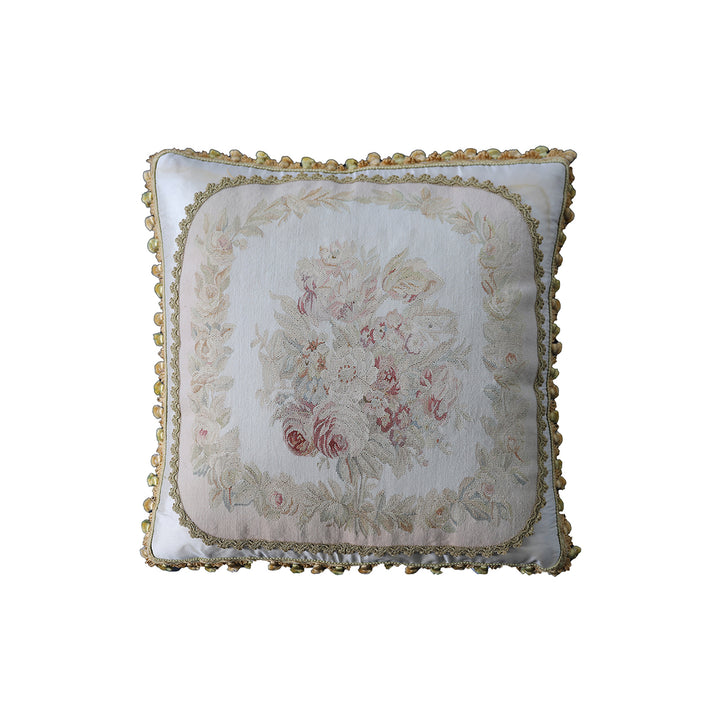 Handmade 2x2 Ivory and Gold Floral Silk Aubusson luxury pillow cover with embroidery by Ariana Rugs West Hollywood