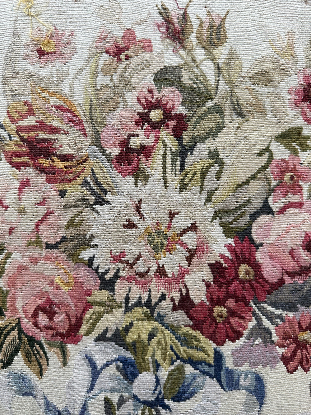 Handmade 2x2 Light Blue Cream Silk Wool Aubusson floral luxury pillow cover with tassels by Ariana Rugs West Hollywood