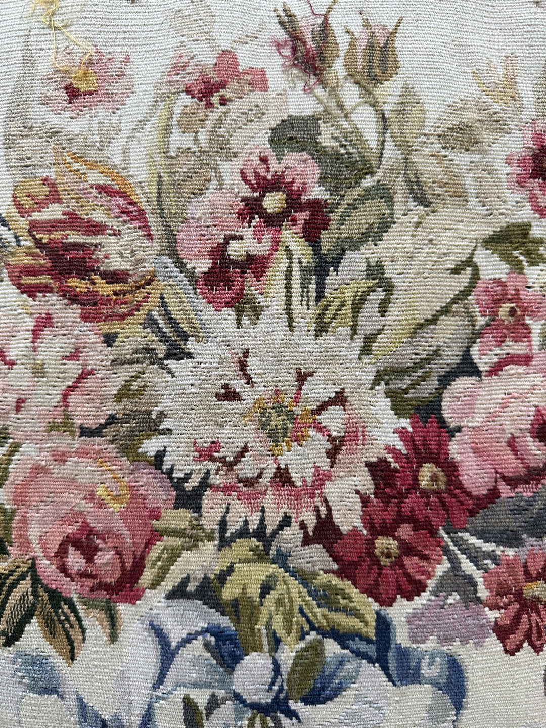 Handmade 2x2 Light Blue Cream Silk Wool Aubusson floral luxury pillow cover with tassels by Ariana Rugs West Hollywood