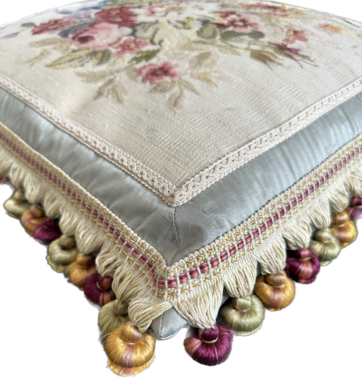 Handmade 2x2 Light Blue Cream Silk Wool Aubusson floral luxury pillow cover with tassels by Ariana Rugs West Hollywood