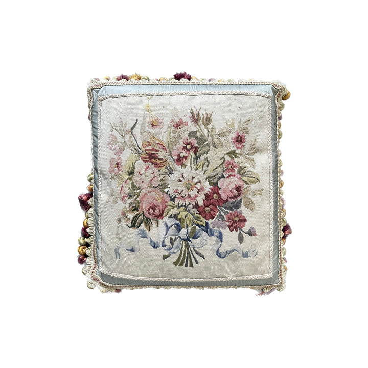 Handmade 2x2 Light Blue Cream Silk Wool Aubusson floral luxury pillow cover with tassels by Ariana Rugs West Hollywood