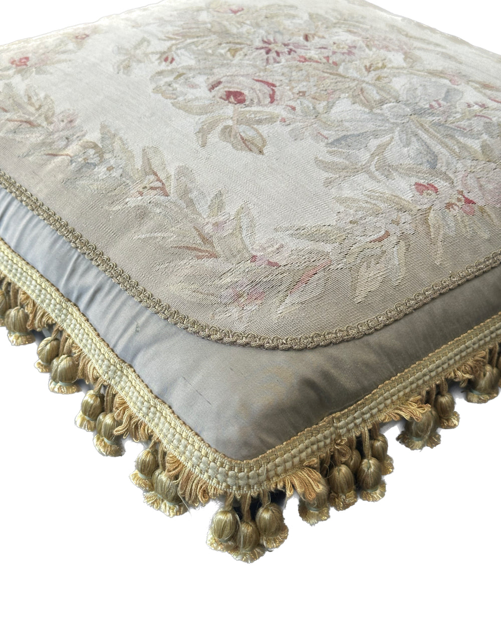 Handmade 2x2 Silk Aubusson floral luxury pillow cover in gray, silver, beige, pink with gold tassels by Ariana Rugs West Hollywood