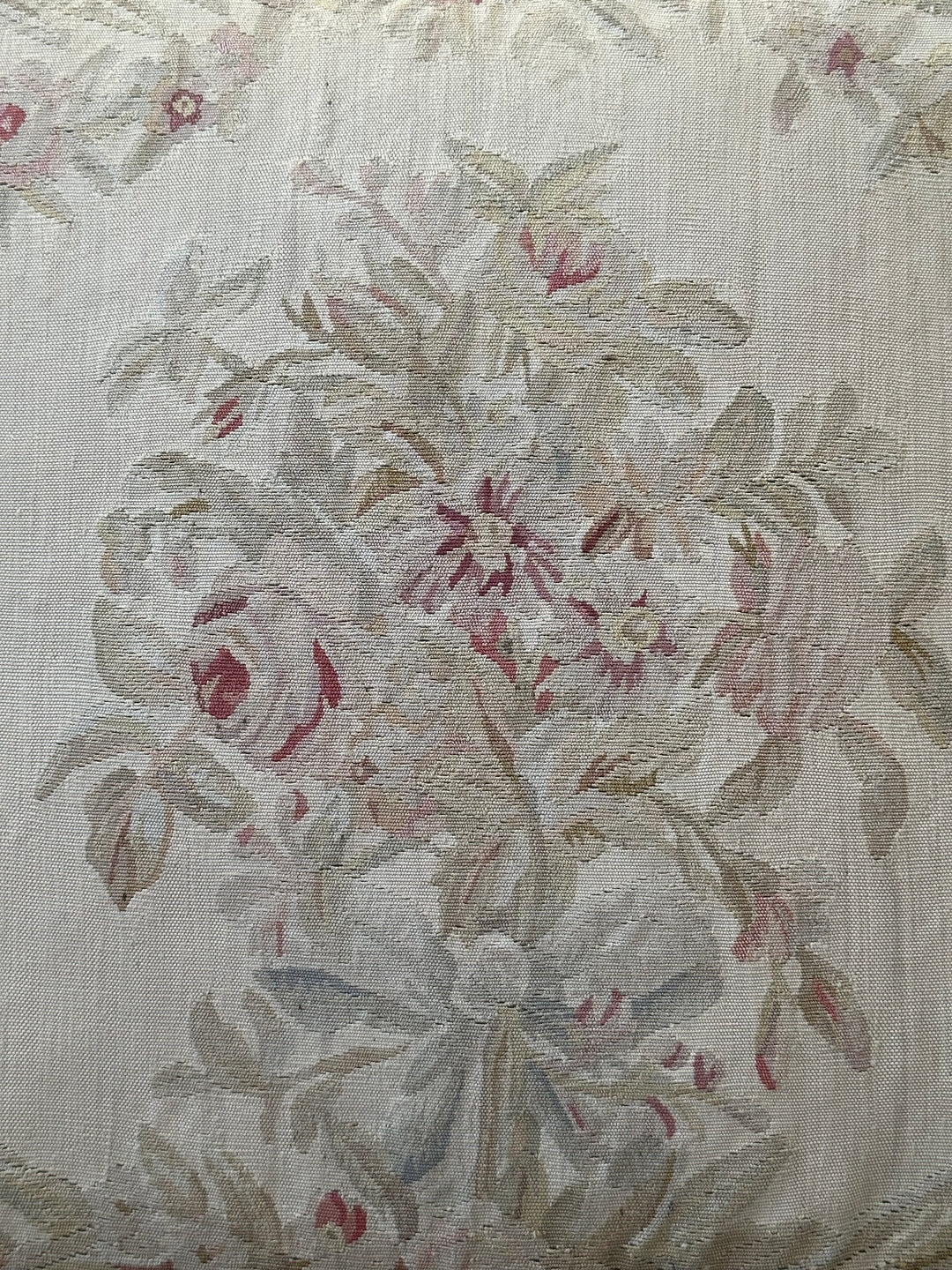 Handmade 2x2 Silk Aubusson floral luxury pillow cover in gray, silver, beige, pink with gold tassels by Ariana Rugs West Hollywood