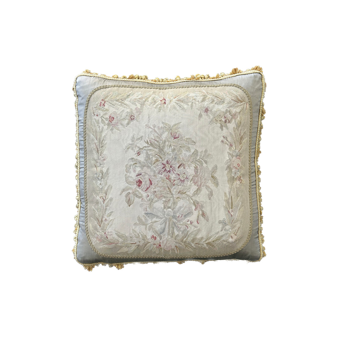 Handmade 2x2 Silk Aubusson floral luxury pillow cover in gray, silver, beige, pink with gold tassels by Ariana Rugs West Hollywood
