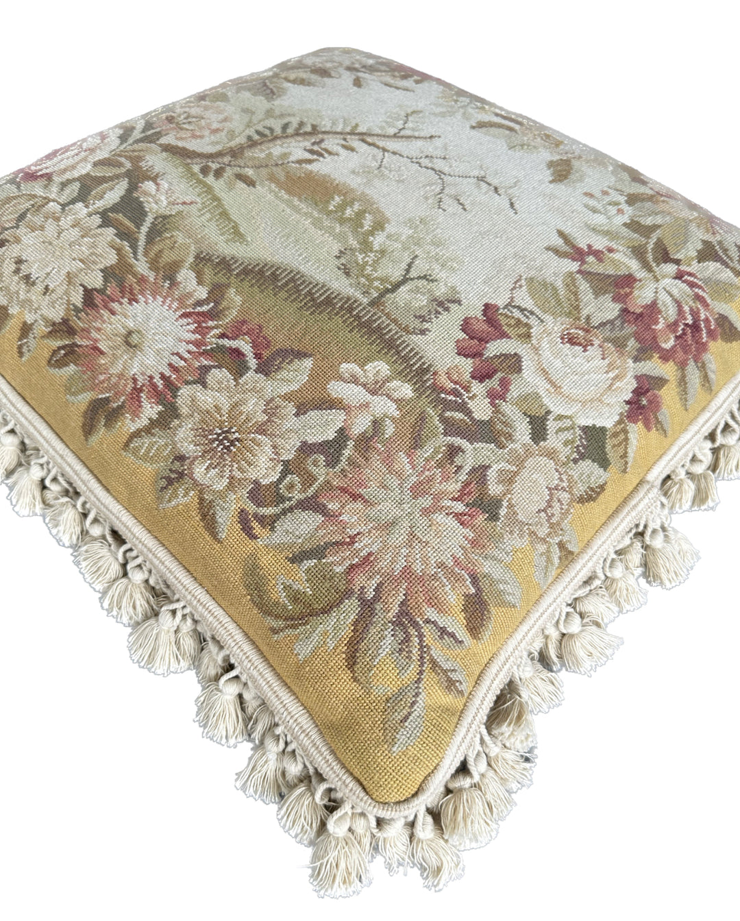 Handmade 2x2 Yellow and Beige Botanical Floral Needlepoint luxury wool pillow cover by Ariana Rugs West Hollywood