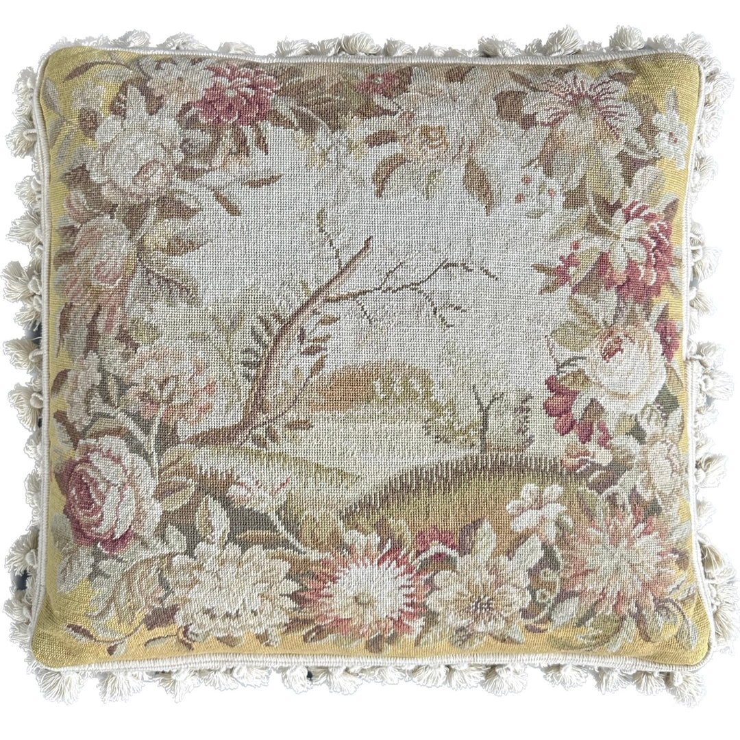 Handmade 2x2 Yellow and Beige Botanical Floral Needlepoint luxury wool pillow cover by Ariana Rugs West Hollywood
