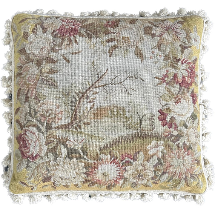 Handmade 2x2 Yellow and Beige Botanical Floral Needlepoint luxury wool pillow cover by Ariana Rugs West Hollywood