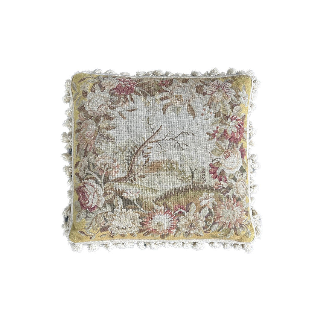 Handmade 2x2 Yellow and Beige Botanical Floral Needlepoint luxury wool pillow cover by Ariana Rugs West Hollywood
