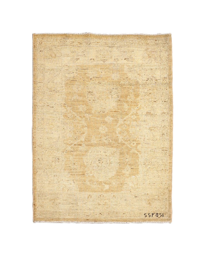 Ariana Rugs 2x3 hand-knotted luxury rug featuring a soft honey washed-out Tabriz design in an Oushak color palette, artisan-crafted by Hazara women weavers.