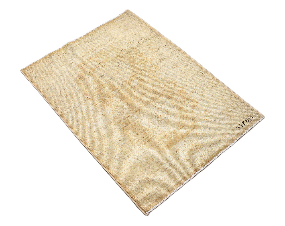 Ariana Rugs 2x3 hand-knotted luxury rug featuring a soft honey washed-out Tabriz design in an Oushak color palette, artisan-crafted by Hazara women weavers.