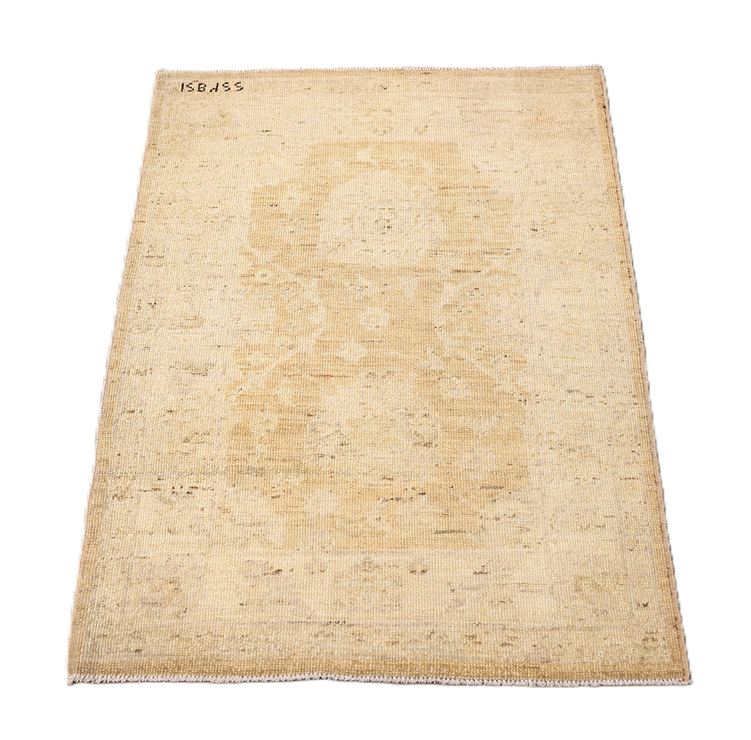 Ariana Rugs 2x3 hand-knotted luxury rug featuring a soft honey washed-out Tabriz design in an Oushak color palette, artisan-crafted by Hazara women weavers.