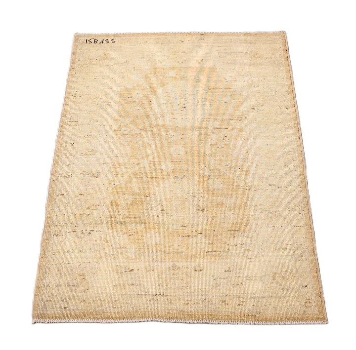 Ariana Rugs 2x3 hand-knotted luxury rug featuring a soft honey washed-out Tabriz design in an Oushak color palette, artisan-crafted by Hazara women weavers.