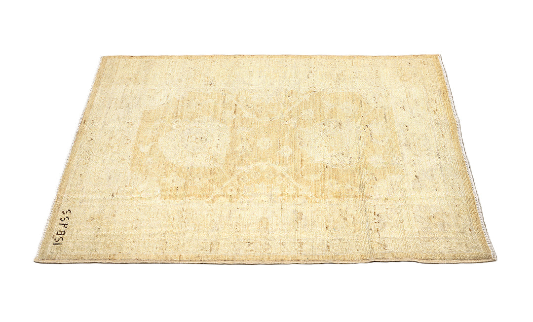 Ariana Rugs 2x3 hand-knotted luxury rug featuring a soft honey washed-out Tabriz design in an Oushak color palette, artisan-crafted by Hazara women weavers.