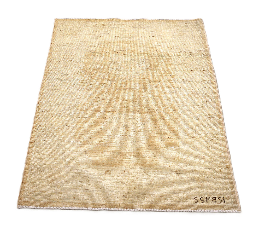 Ariana Rugs 2x3 hand-knotted luxury rug featuring a soft honey washed-out Tabriz design in an Oushak color palette, artisan-crafted by Hazara women weavers.