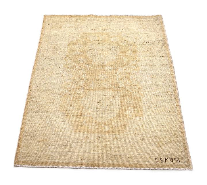 Ariana Rugs 2x3 hand-knotted luxury rug featuring a soft honey washed-out Tabriz design in an Oushak color palette, artisan-crafted by Hazara women weavers.