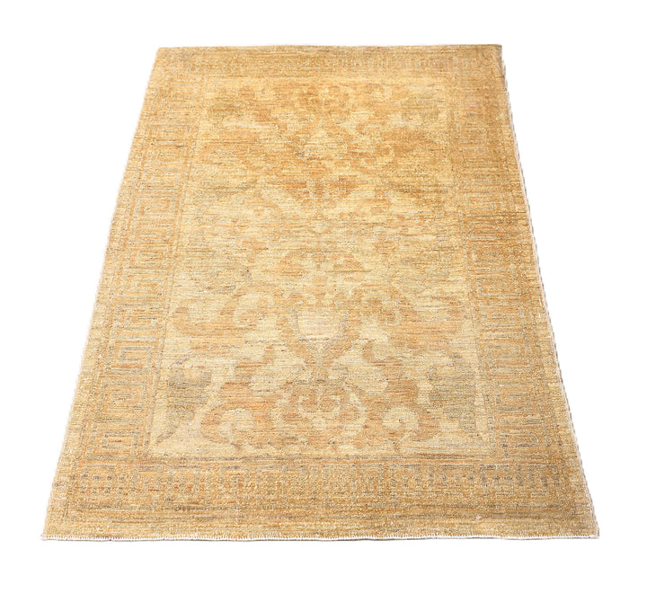 Ariana Rugs hand-knotted 2'10" x 4'4" soft honey traditional Persian floral accent rug, woven in organic wool by Hazara women weavers in Afghanistan.