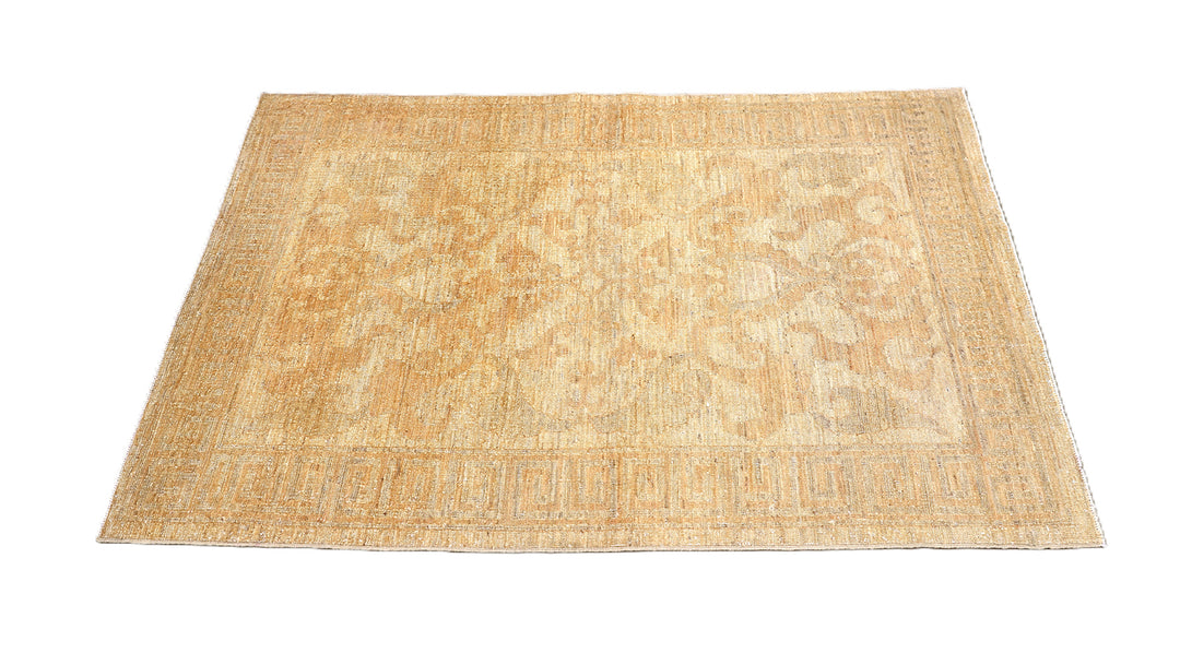 Ariana Rugs hand-knotted 2'10" x 4'4" soft honey traditional Persian floral accent rug, woven in organic wool by Hazara women weavers in Afghanistan.
