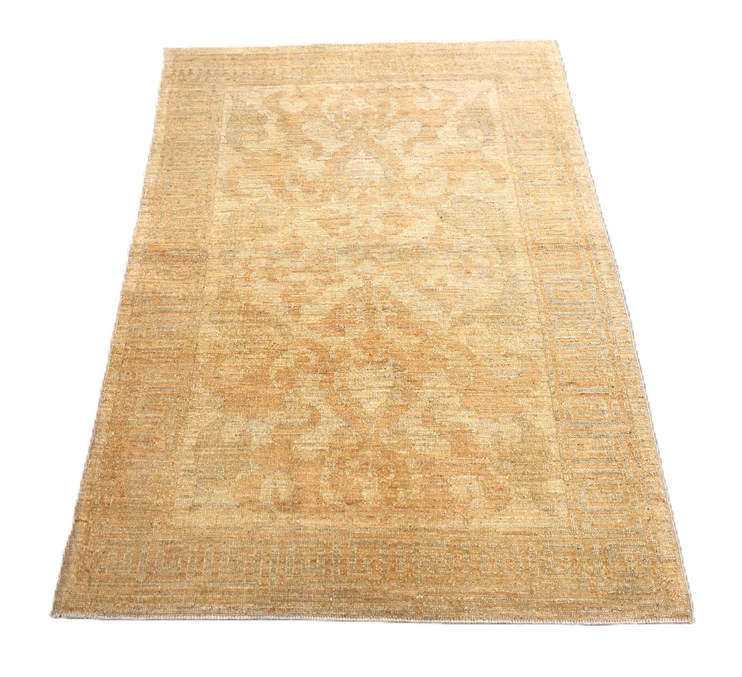 Ariana Rugs hand-knotted 2'10" x 4'4" soft honey traditional Persian floral accent rug, woven in organic wool by Hazara women weavers in Afghanistan.
