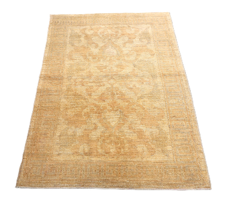 Ariana Rugs hand-knotted 2'10" x 4'4" soft honey traditional Persian floral accent rug, woven in organic wool by Hazara women weavers in Afghanistan.