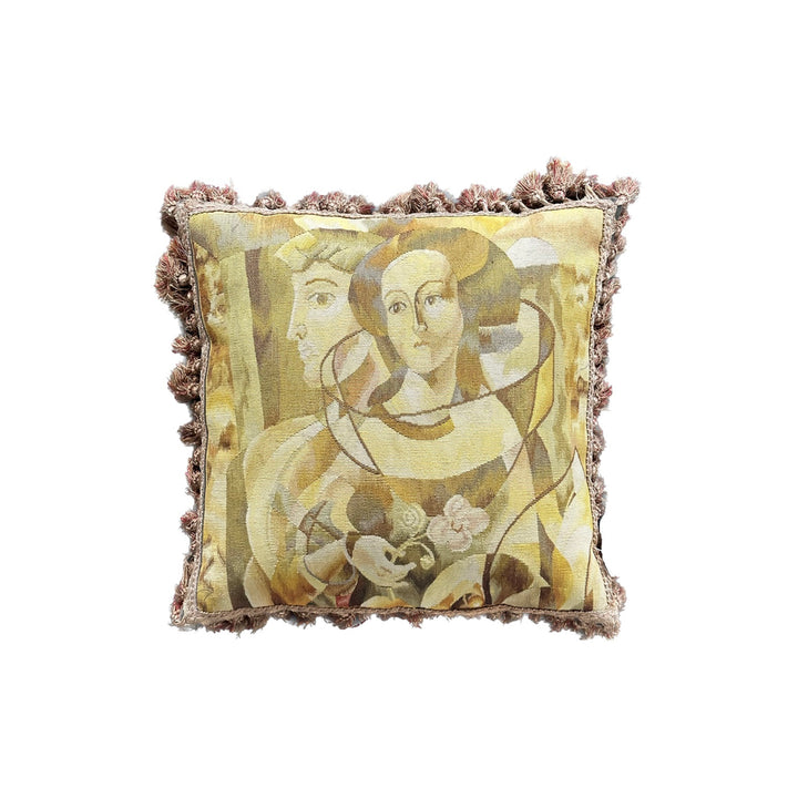 Luxury hand-knotted yellow and brown human face Aubusson pillow case with tassels made from organic wool by expert weavers, curated by Ariana Rugs West Hollywood.