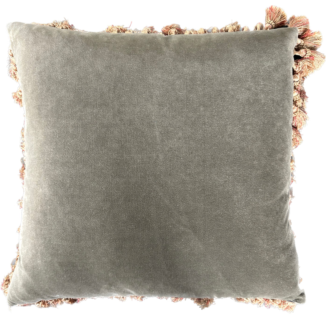 Luxury hand-knotted yellow and brown human face Aubusson pillow case with tassels made from organic wool by expert weavers, curated by Ariana Rugs West Hollywood.