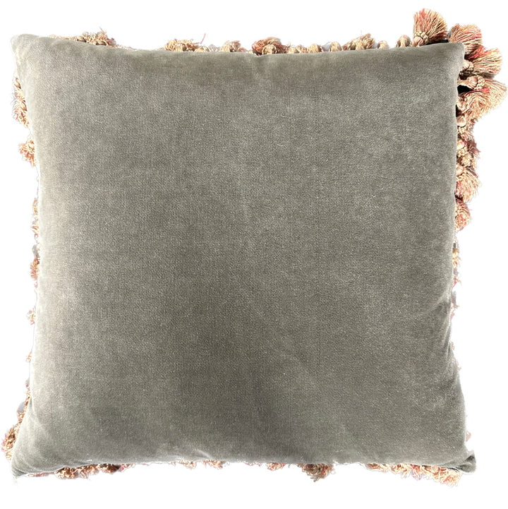 Luxury hand-knotted yellow and brown human face Aubusson pillow case with tassels made from organic wool by expert weavers, curated by Ariana Rugs West Hollywood.