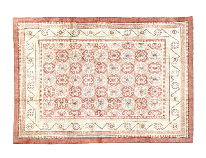 8x10 silk Khotan rug in terracotta blue sage gold and brown from the Ariana Samarkand Collection by Ariana Rugs