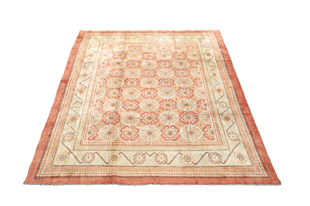 8x10 silk Khotan rug in terracotta blue sage gold and brown from the Ariana Samarkand Collection by Ariana Rugs