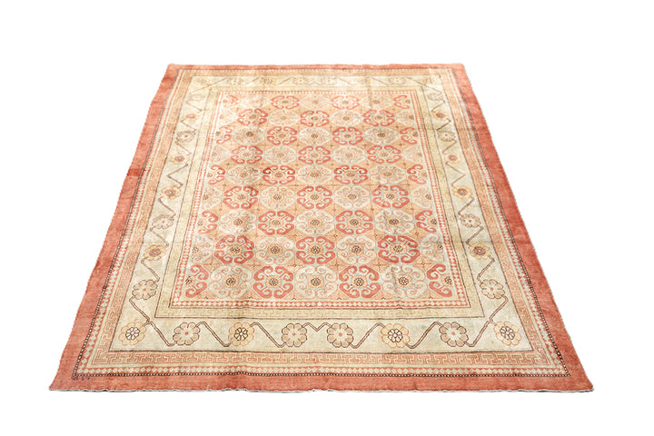 8x10 silk Khotan rug in terracotta blue sage gold and brown from the Ariana Samarkand Collection by Ariana Rugs