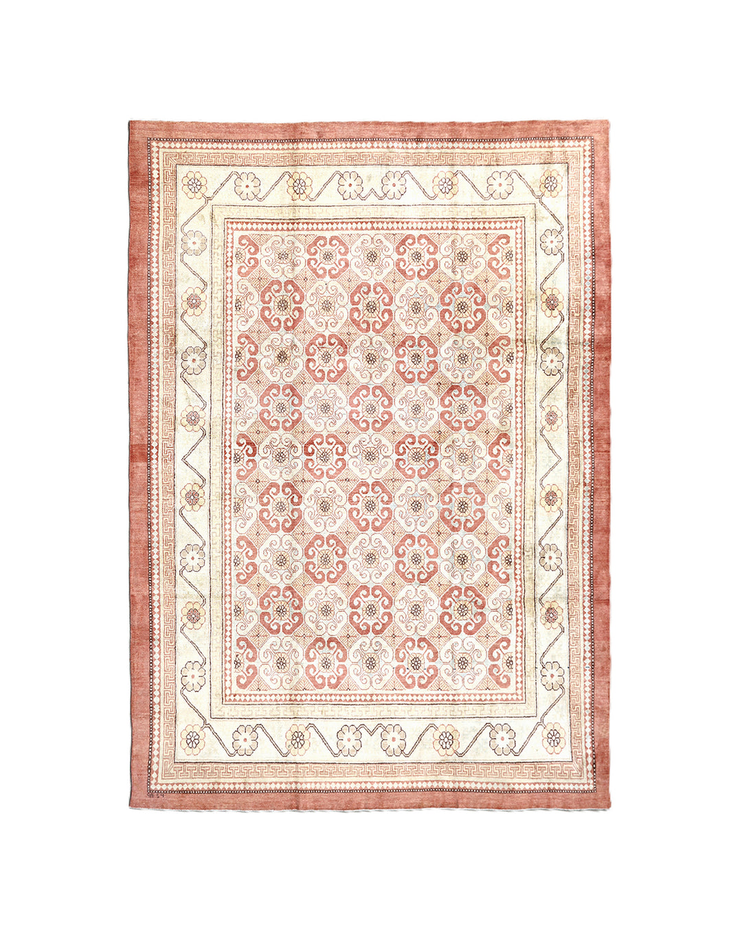 8x10 silk Khotan rug in terracotta blue sage gold and brown from the Ariana Samarkand Collection by Ariana Rugs