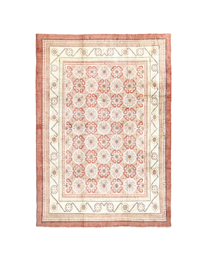 8x10 silk Khotan rug in terracotta blue sage gold and brown from the Ariana Samarkand Collection by Ariana Rugs